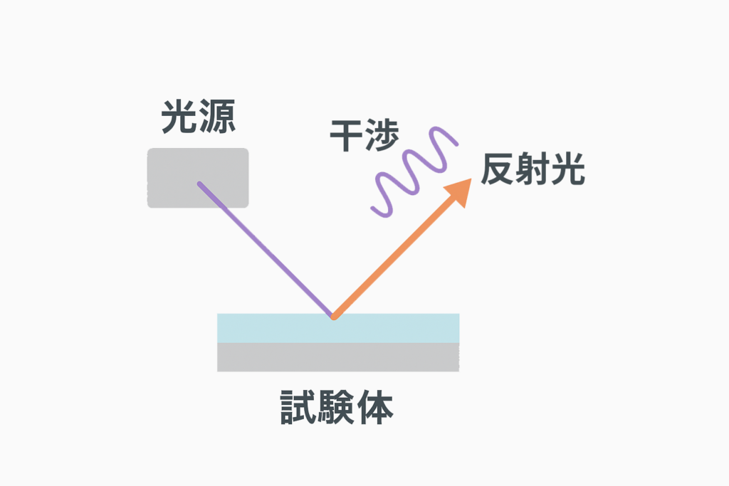 光源から試験体に光が入り、反射光が干渉する図。