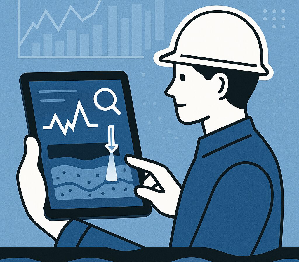 【地中探査レーダ】リアルタイム解析のイメージ画像。
iPadを用いてすぐに測定結果の確認が可能。